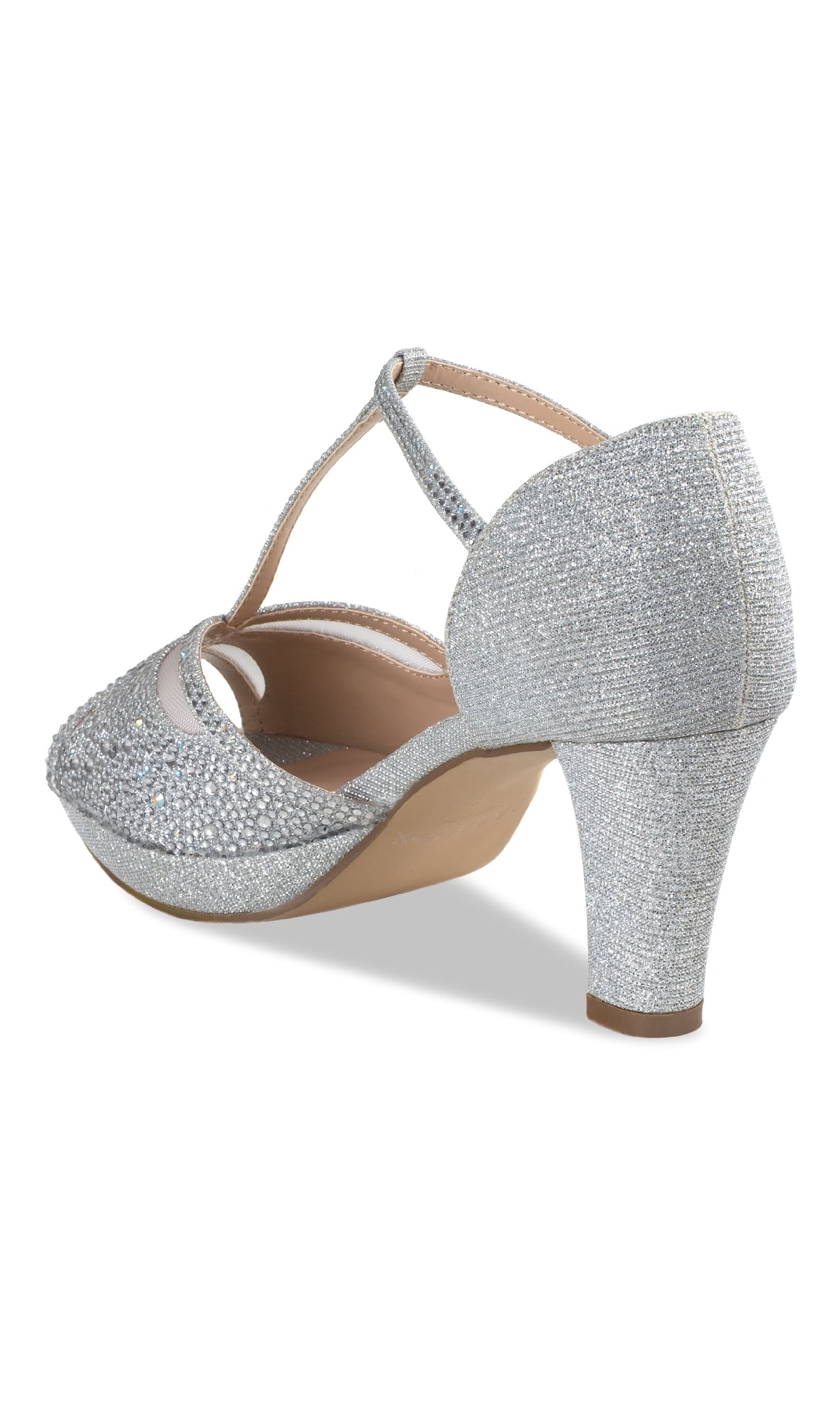 The Nora Silver Shimmer Prom Shoes (Paradox London P2226) feature stiletto heels, an ankle strap, open sides, and a closed toe in silver shimmer, shown from the back.